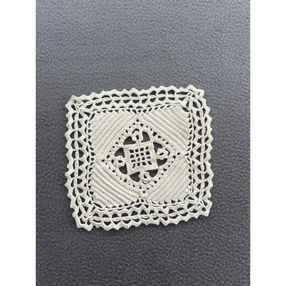 Handmade Crochet Lace Doily Coaster Square Off-White Cotton Thread Home Decor